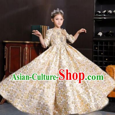 Top Grade Catwalks Court Princess Golden Dress Compere Modern Fancywork Stage Show Dance Costume for Kids