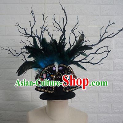 Top Grade Handmade Stage Show Hair Accessories Halloween Cosplay Green Feather Top Hat Headwear for Kids