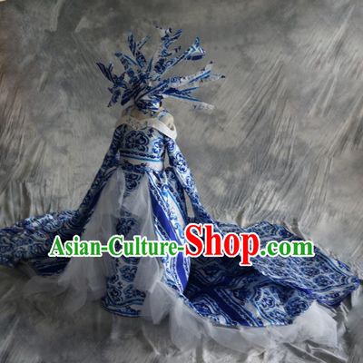 Chinese Stage Performance Court Trailing Full Dress Catwalks Modern Fancywork Dance Costume for Kids