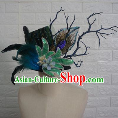 Top Grade Handmade Stage Show Hair Accessories Halloween Cosplay Green Flower Feather Top Hat Headwear for Kids