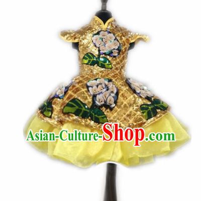 Chinese Stage Performance Golden Paillette Full Dress Catwalks Modern Fancywork Dance Costume for Kids