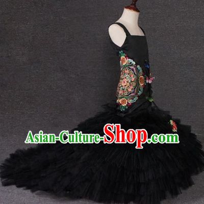 Top Grade Catwalks Stage Show Black Veil Trailing Dress Modern Fancywork Compere Court Princess Dance Costume for Kids