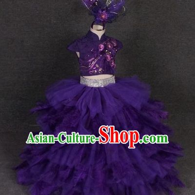 Top Grade Catwalks Stage Show Purple Feather Dress Modern Fancywork Compere Court Princess Dance Costume for Kids