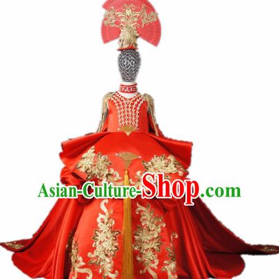 Chinese Stage Performance Embroidered Red Full Dress Catwalks Modern Fancywork Dance Costume for Kids