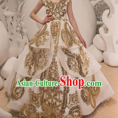 Top Grade Catwalks Stage Show Embroidered White Dress Modern Fancywork Compere Court Princess Dance Costume for Kids