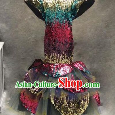 Top Grade Catwalks Stage Show Colorful Paillette Dress Modern Fancywork Compere Court Princess Dance Costume for Kids