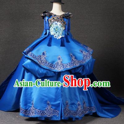 Chinese Stage Performance Embroidered Royalblue Full Dress Catwalks Modern Fancywork Dance Costume for Kids