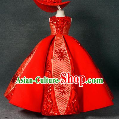 Chinese Stage Performance Embroidered Red Bubble Full Dress Catwalks Modern Fancywork Dance Costume for Kids