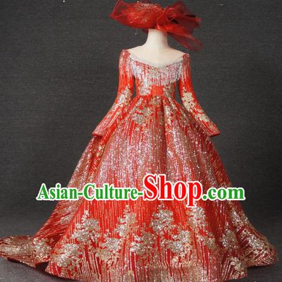 Top Grade Catwalks Court Princess Embroidered Red Dress Compere Modern Fancywork Stage Show Dance Costume for Kids