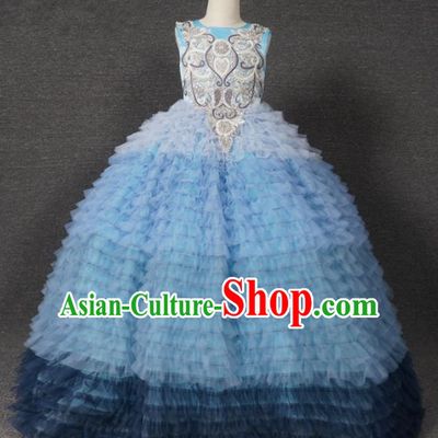 Top Grade Catwalks Court Princess Blue Veil Dress Compere Modern Fancywork Stage Show Dance Costume for Kids