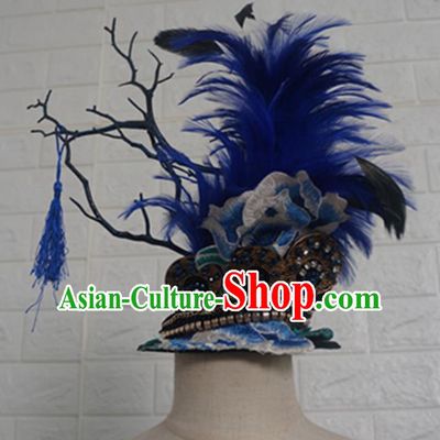 Top Grade Handmade Stage Show Branch Hair Accessories Halloween Cosplay Blue Feather Top Hat Headwear for Kids