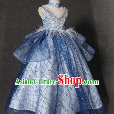 Top Grade Stage Show Dance Compere Blue Veil Full Dress Catwalks Court Princess Costume for Kids