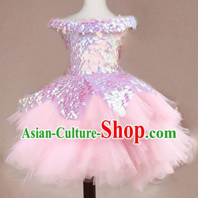 Top Grade Stage Show Dance Compere Pink Veil Bubble Full Dress Catwalks Court Princess Costume for Kids