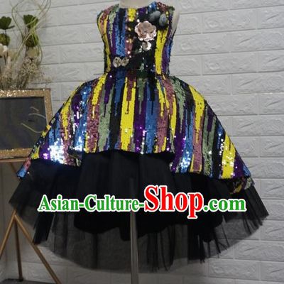 Top Grade Stage Show Dance Colorful Paillette Bubble Full Dress Catwalks Court Princess Costume for Kids