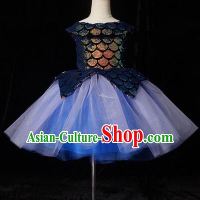 Top Grade Stage Show Dance Compere Blue Bubble Veil Full Dress Catwalks Court Princess Costume for Kids