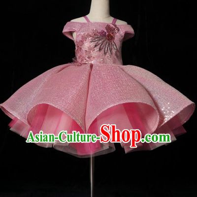 Top Grade Stage Show Dance Compere Pink Bubble Veil Full Dress Catwalks Court Princess Costume for Kids