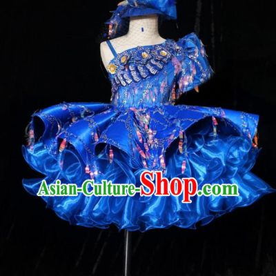 Top Grade Chinese Stage Show Costume Catwalks Dance Embroidered Blue Bubble Full Dress for Kids