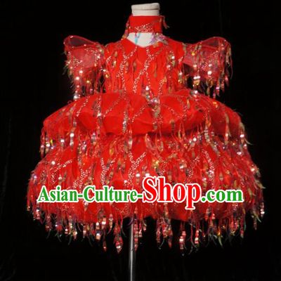 Top Grade Stage Show Compere Red Short Full Dress Catwalks Court Princess Dance Costume for Kids