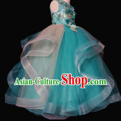 Top Grade Stage Show Dance Green Veil Full Dress Catwalks Court Princess Costume for Kids