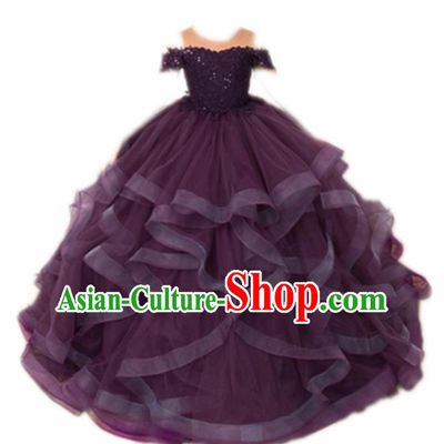 Top Grade Stage Show Compere Deep Purple Veil Dress Catwalks Court Princess Dance Costume for Kids
