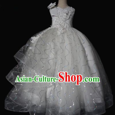 Top Grade Stage Show Compere White Veil Bubble Dress Catwalks Court Princess Dance Costume for Kids