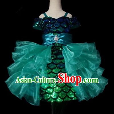 Top Grade Stage Show Compere Green Veil Bubble Dress Catwalks Court Princess Dance Costume for Kids