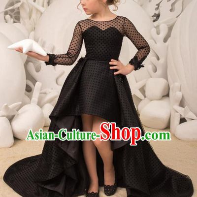 Top Grade Stage Show Compere Black Trailing Dress Catwalks Court Princess Dance Costume for Kids