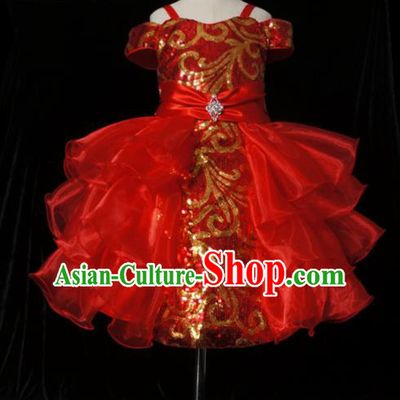 Top Grade Modern Fancywork Compere Red Short Dress Catwalks Court Princess Stage Show Dance Costume for Kids