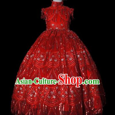 Top Grade Chinese Stage Show Costume Catwalks Dance Embroidered Red Full Dress for Kids