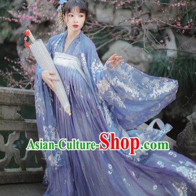 Traditional Chinese Tang Dynasty Palace Princess Historical Costume Traditional Ancient Peri Goddess Blue Hanfu Dress for Women