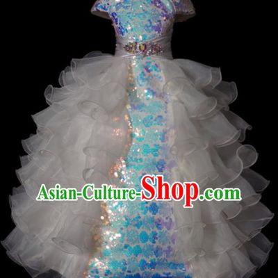 Top Grade Modern Fancywork Compere White Long Dress Catwalks Court Princess Stage Show Dance Costume for Kids