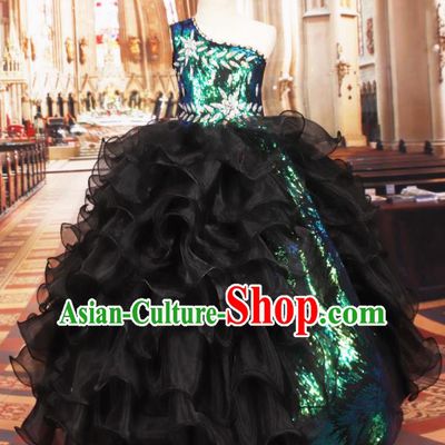 Professional Girls Compere Black Veil Paillette Full Dress Modern Fancywork Catwalks Stage Show Costume for Kids