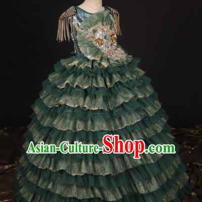 Professional Girls Compere Embroidered Green Veil Full Dress Modern Fancywork Catwalks Stage Show Costume for Kids