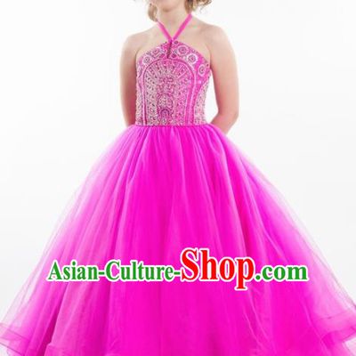 Professional Girls Compere Rosy Veil Full Dress Modern Fancywork Catwalks Stage Show Costume for Kids