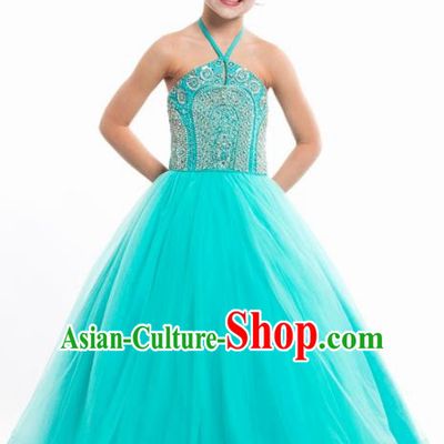 Professional Girls Compere Green Veil Full Dress Modern Fancywork Catwalks Stage Show Costume for Kids