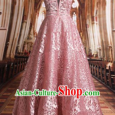 Professional Girls Compere Pink Paillette Full Dress Modern Fancywork Catwalks Stage Show Costume for Kids