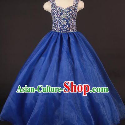 Professional Girls Compere Royalblue Veil Long Full Dress Modern Fancywork Catwalks Stage Show Costume for Kids