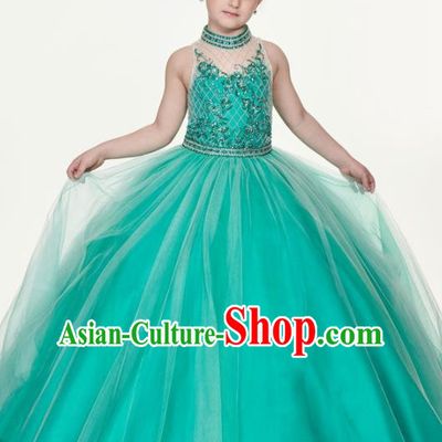 Professional Girls Compere Green Veil Long Full Dress Modern Fancywork Catwalks Stage Show Costume for Kids