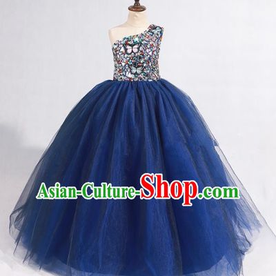 Professional Girls Compere Navy Veil Long Full Dress Modern Fancywork Catwalks Stage Show Costume for Kids