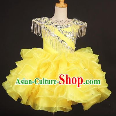 Professional Catwalks Stage Show Dance Yellow Veil Short Dress Modern Fancywork Compere Court Princess Costume for Kids