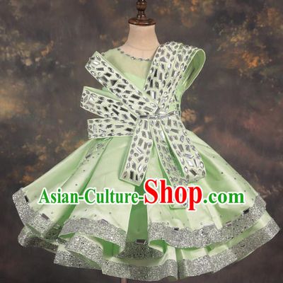 Professional Catwalks Stage Show Dance Crystal Green Dress Modern Fancywork Compere Court Princess Costume for Kids