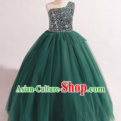 Professional Girls Compere Deep Green Veil Long Full Dress Modern Fancywork Catwalks Stage Show Costume for Kids