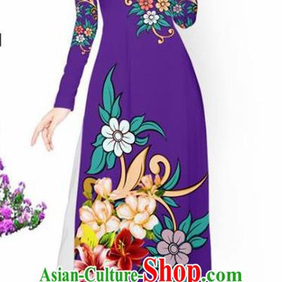 Asian Vietnam Traditional Printing Flowers Purple Aodai Cheongsam Vietnamese Bride Classical Qipao Dress for Women