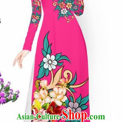 Asian Vietnam Traditional Printing Flowers Rosy Aodai Cheongsam Vietnamese Bride Classical Qipao Dress for Women