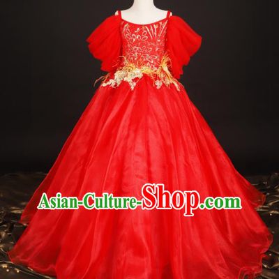 Professional Girls Compere Waltz Dance Red Full Dress Modern Fancywork Catwalks Stage Show Costume for Kids
