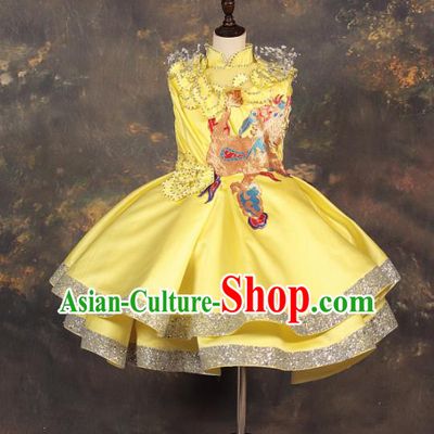Chinese Stage Performance Catwalks Embroidered Yellow Full Dress Modern Fancywork Dance Costume for Kids