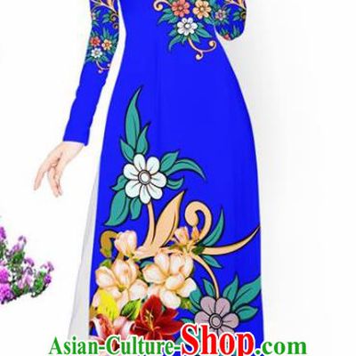 Asian Vietnam Traditional Printing Flowers Blue Aodai Cheongsam Vietnamese Bride Classical Qipao Dress for Women
