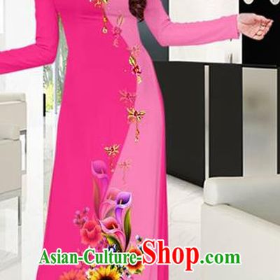 Rosy Aodai Cheongsam Asian Vietnam Traditional Costume Vietnamese Bride Classical Qipao Dress for Women