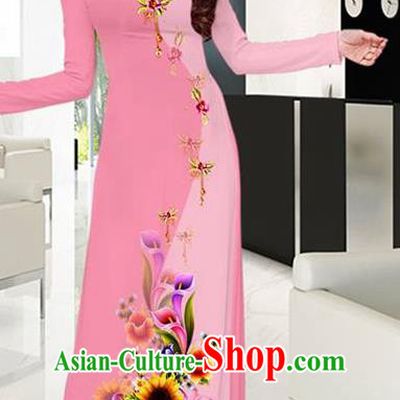 Pink Aodai Cheongsam Asian Vietnam Traditional Costume Vietnamese Bride Classical Qipao Dress for Women