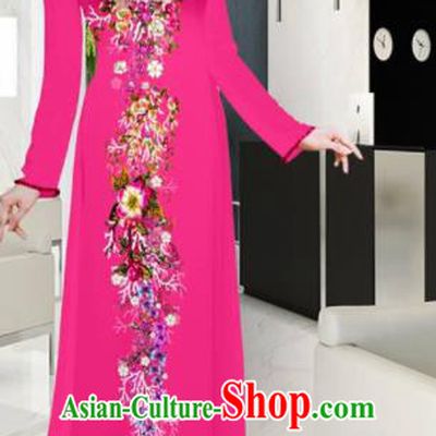 Asian Printing Flowers Rosy Aodai Cheongsam Vietnam Traditional Costume Vietnamese Bride Classical Qipao Dress for Women